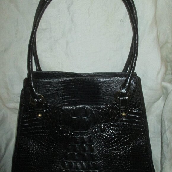 Vintage Brahmin Black Leather Croc Embossed Shoulder Bag Double Handles BLACK - Picture 3 of 4